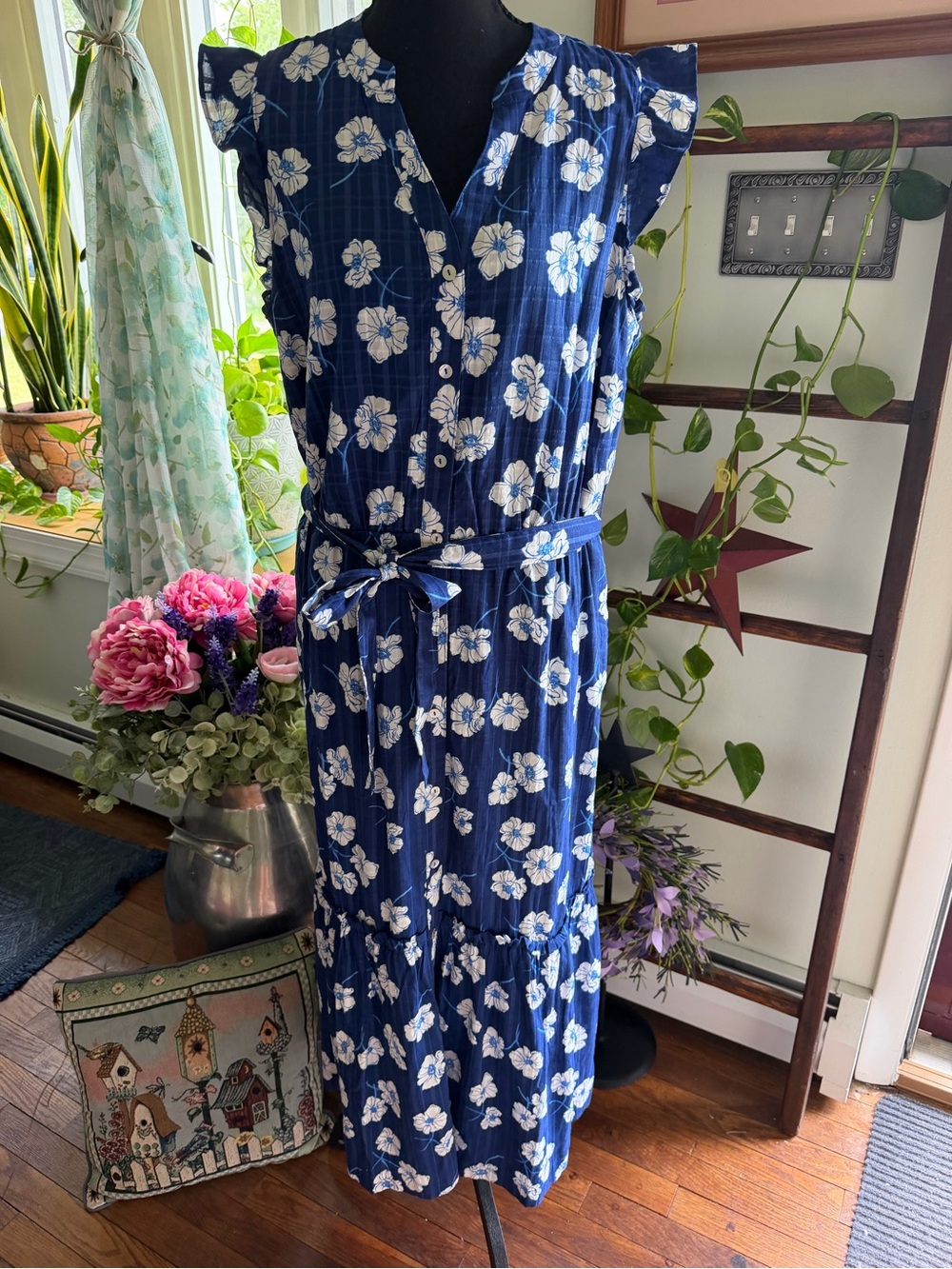 Draper James Navy Blue Floral Maxi Dress with Self-Tie Waist